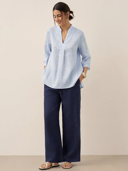 Women's 100% Linen Dress Shirt Stand Collar Half Sleeve Relaxed Fit Casual Summer Beach Vacation Blouse Top