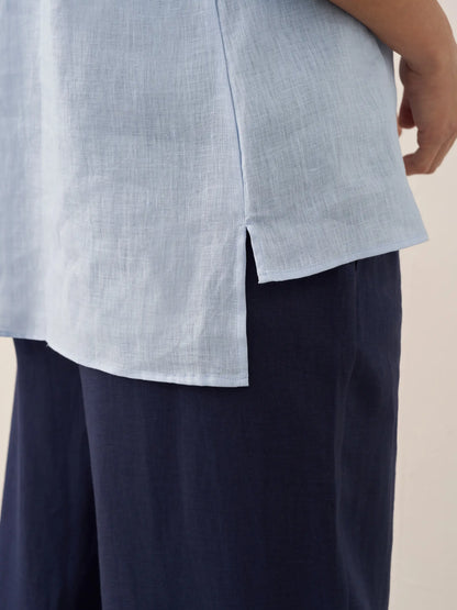 Women's 100% Linen Dress Shirt Stand Collar Half Sleeve Relaxed Fit Casual Summer Beach Vacation Blouse Top