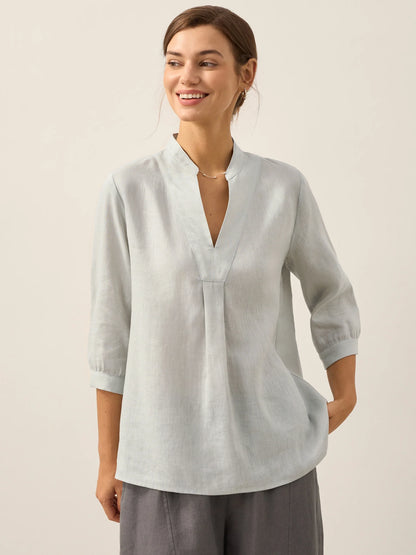 Women's 100% Linen Dress Shirt Stand Collar Half Sleeve Relaxed Fit Casual Summer Beach Vacation Blouse Top