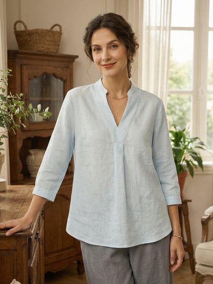 Women's 100% Linen Dress Shirt Stand Collar Half Sleeve Relaxed Fit Casual Summer Beach Vacation Blouse Top