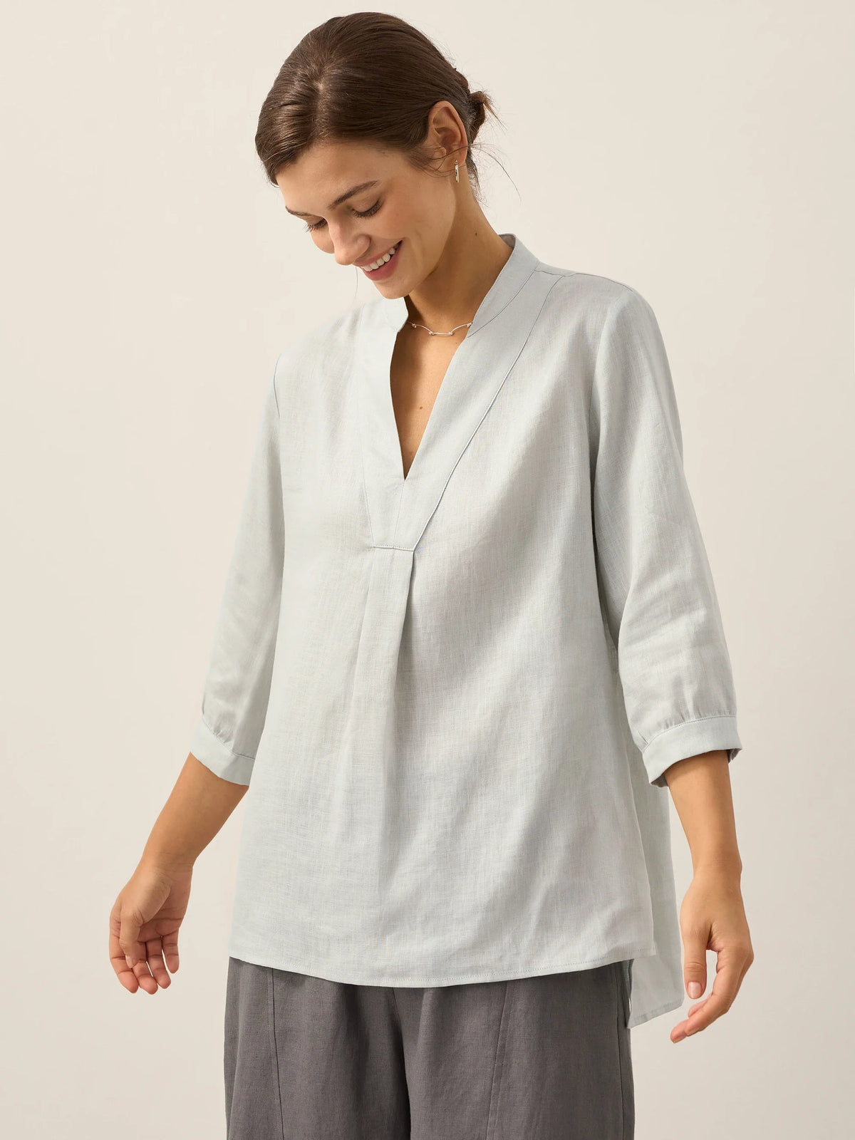 Women's 100% Linen Dress Shirt Stand Collar Half Sleeve Relaxed Fit Casual Summer Beach Vacation Blouse Top