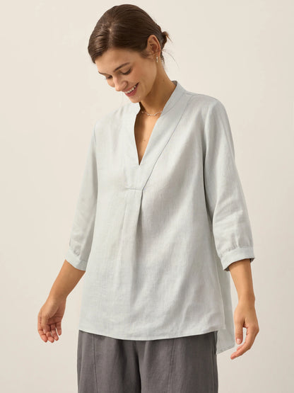 Women's 100% Linen Dress Shirt Stand Collar Half Sleeve Relaxed Fit Casual Summer Beach Vacation Blouse Top