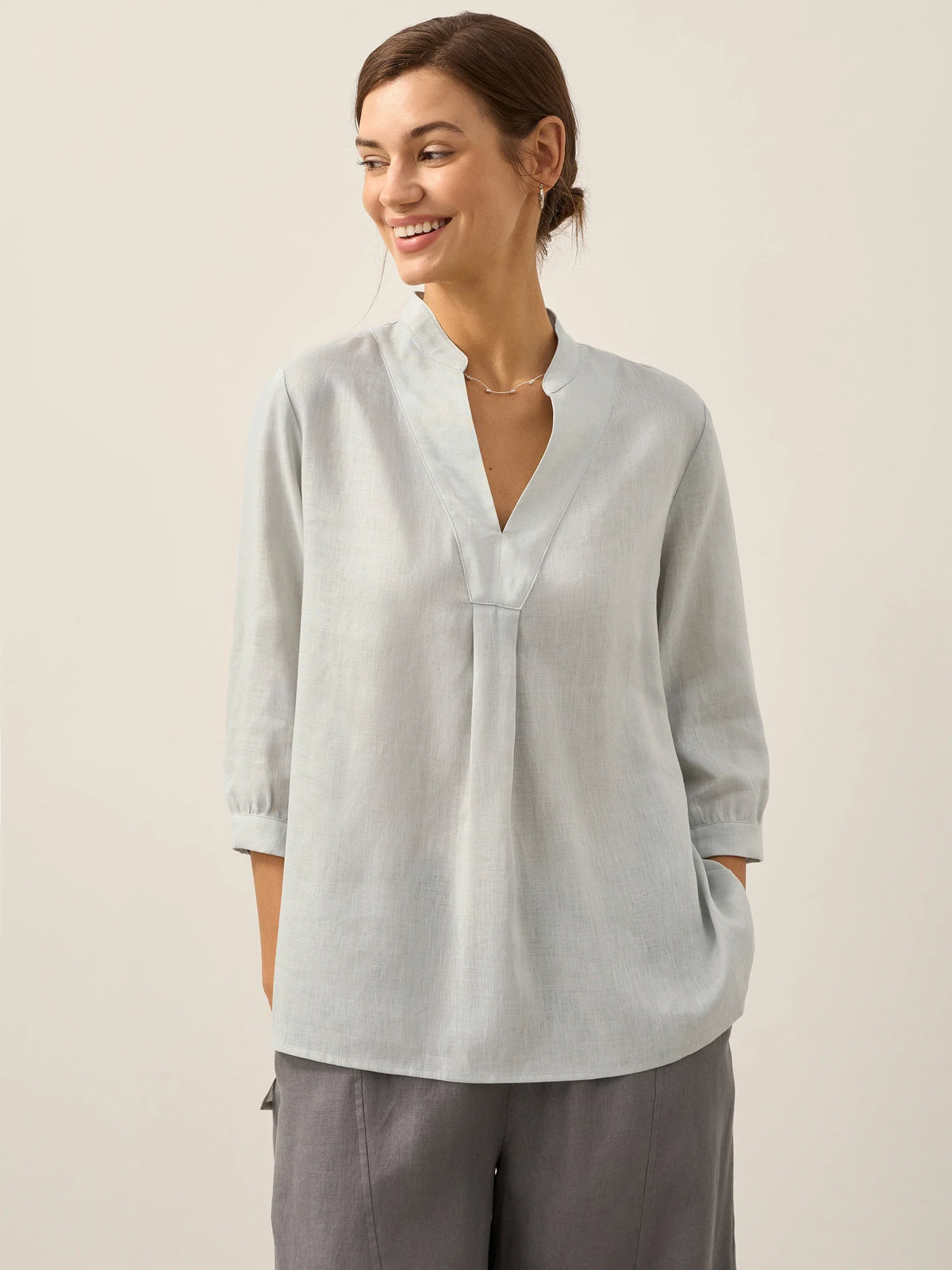 Women's 100% Linen Dress Shirt Stand Collar Half Sleeve Relaxed Fit Casual Summer Beach Vacation Blouse Top