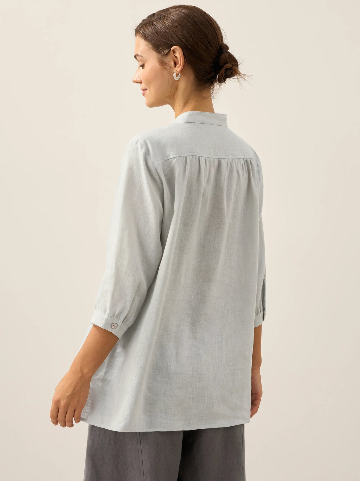Women's 100% Linen Dress Shirt Stand Collar Half Sleeve Relaxed Fit Casual Summer Beach Vacation Blouse Top