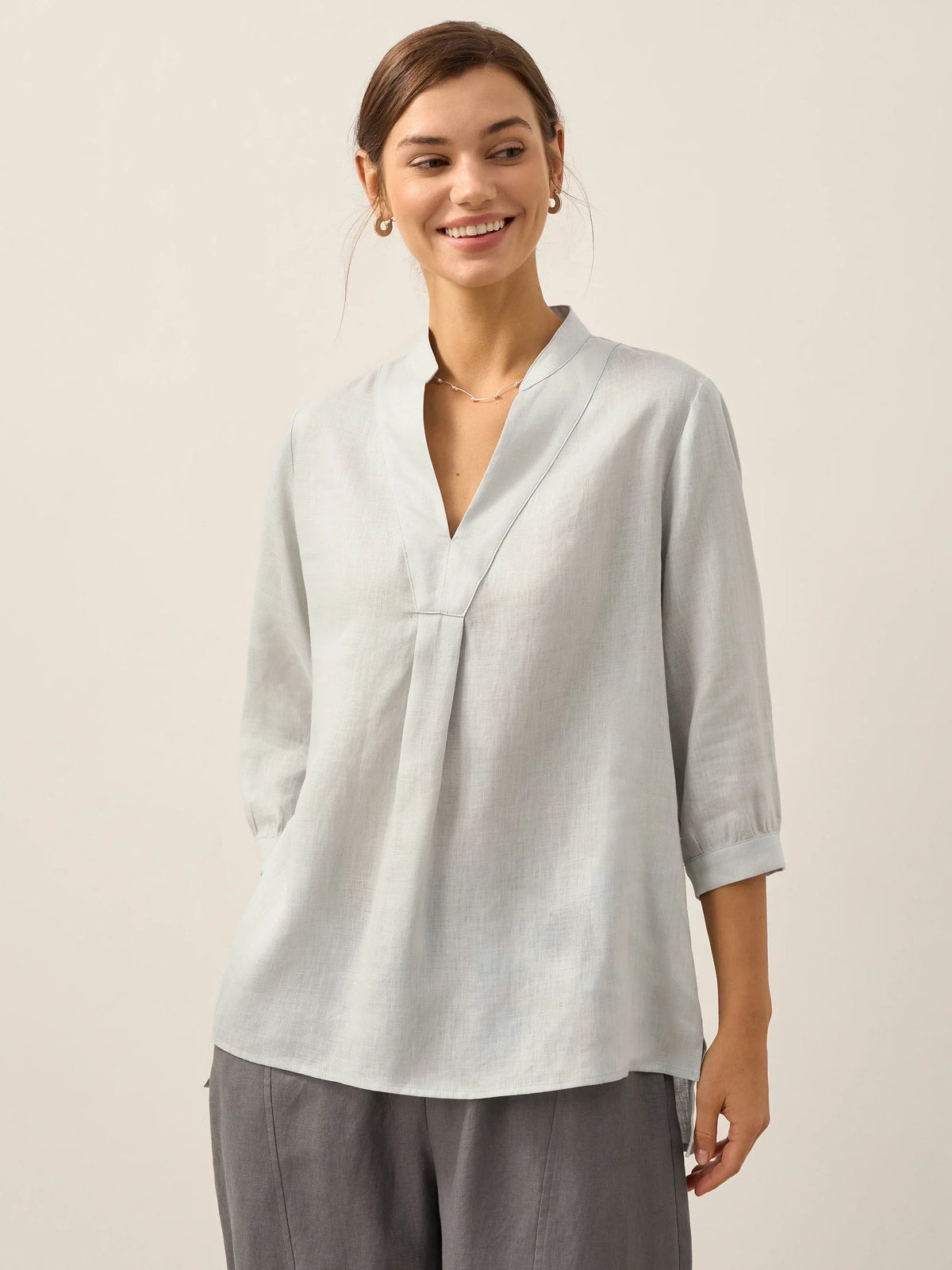 Women's 100% Linen Dress Shirt Stand Collar Half Sleeve Relaxed Fit Casual Summer Beach Vacation Blouse Top