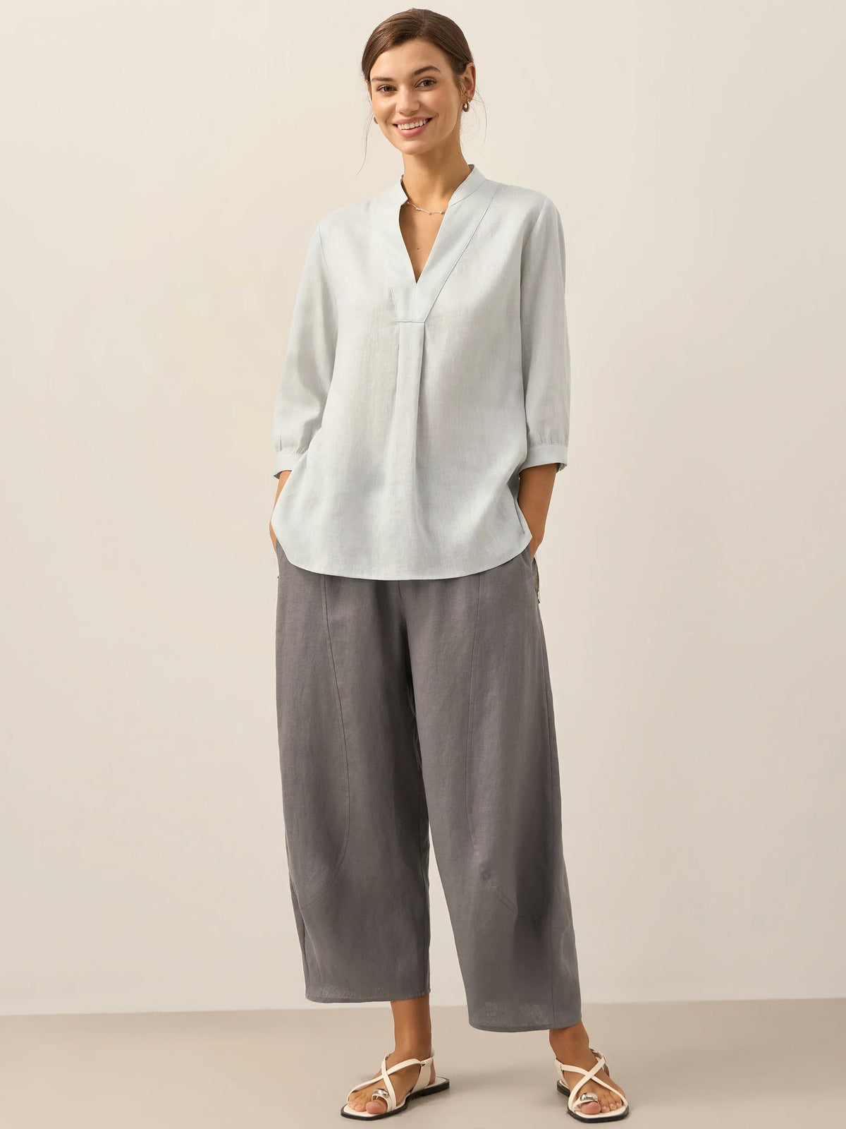 Women's 100% Linen Dress Shirt Stand Collar Half Sleeve Relaxed Fit Casual Summer Beach Vacation Blouse Top