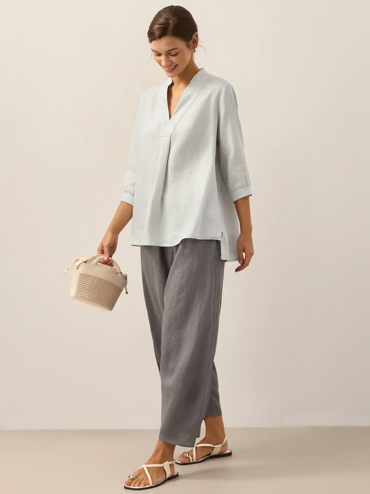 Women's 100% Linen Dress Shirt Stand Collar Half Sleeve Relaxed Fit Casual Summer Beach Vacation Blouse Top