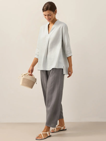 Women's 100% Linen Dress Shirt Stand Collar Half Sleeve Relaxed Fit Casual Summer Beach Vacation Blouse Top