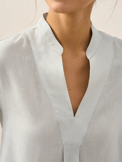Women's 100% Linen Dress Shirt Stand Collar Half Sleeve Relaxed Fit Casual Summer Beach Vacation Blouse Top