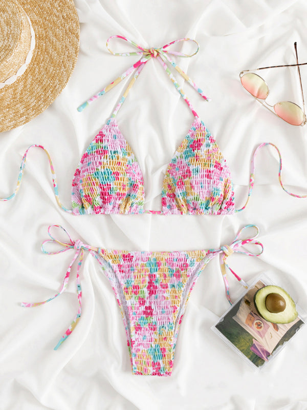Women's 2 Piece Floral Bikini Sets Smocked Drawstring Side Triangle Halter Sexy Cute Swimsuits - Seldom Seen Styles