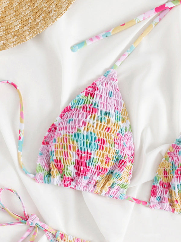 Women's 2 Piece Floral Bikini Sets Smocked Drawstring Side Triangle Halter Sexy Cute Swimsuits - Seldom Seen Styles