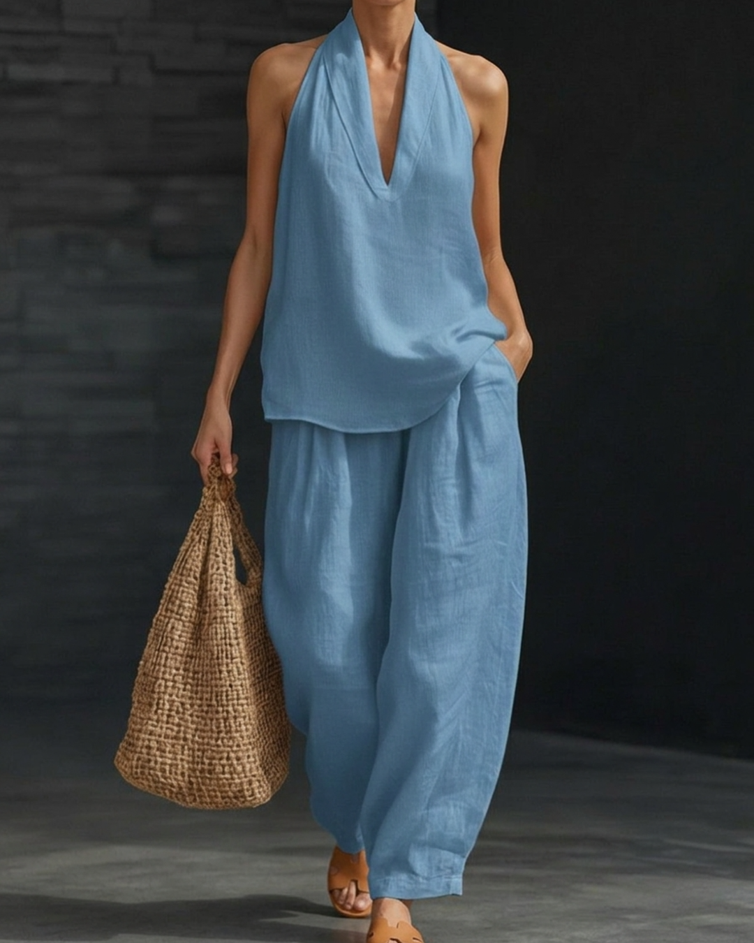 Women’s 2-Piece Linen Set with Halter V-Neck Top and Relaxed Wide Leg Pants - Seldom Seen Styles