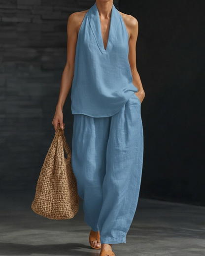 Women’s 2-Piece Linen Set with Halter V-Neck Top and Relaxed Wide Leg Pants