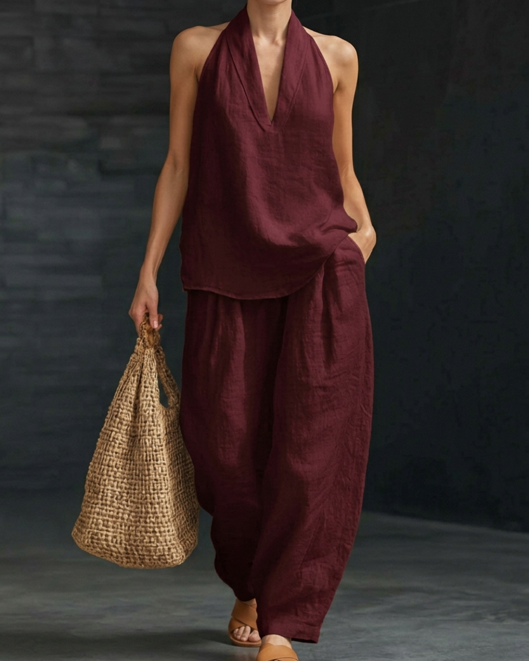 Women’s 2-Piece Linen Set with Halter V-Neck Top and Relaxed Wide Leg Pants - Seldom Seen Styles