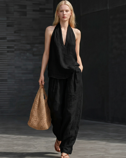 Women’s 2-Piece Linen Set with Halter V-Neck Top and Relaxed Wide Leg Pants