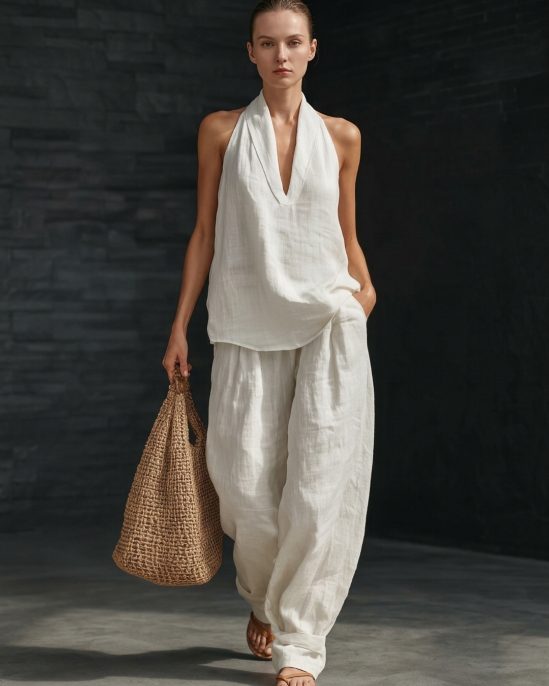 Women’s 2-Piece Linen Set with Halter V-Neck Top and Relaxed Wide Leg Pants - Seldom Seen Styles