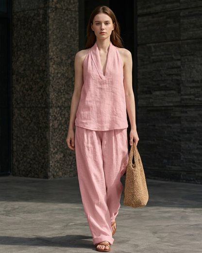 Women’s 2-Piece Linen Set with Halter V-Neck Top and Relaxed Wide Leg Pants