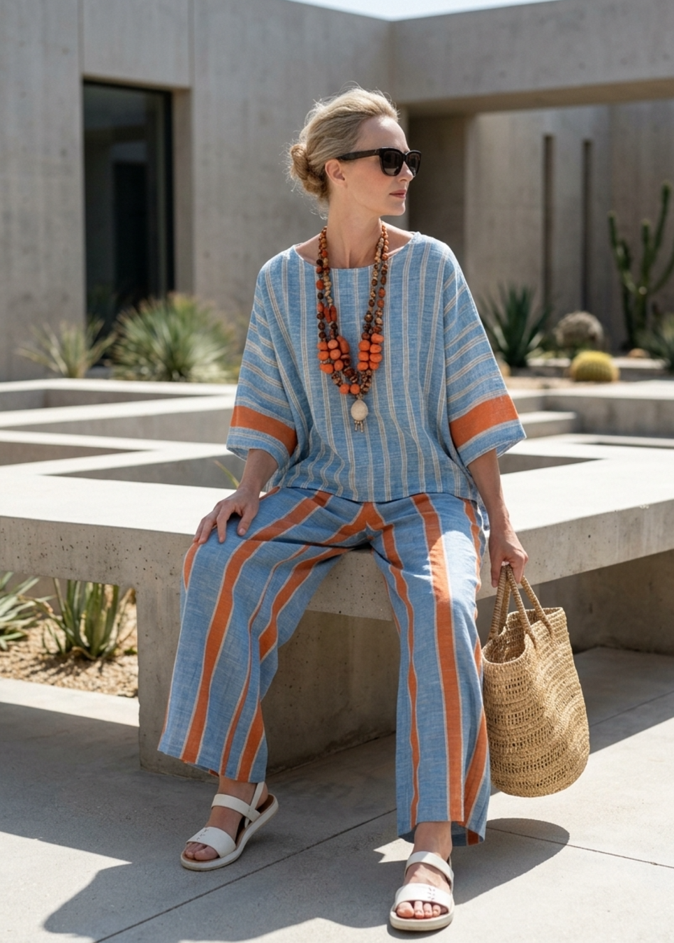 Women's 2-Piece Linen Set with Striped Oversized Tunic and Wide Leg Pants - Seldom Seen Styles