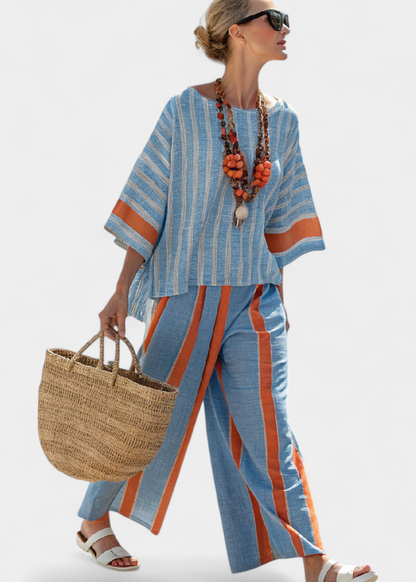 Women's 2-Piece Linen Set with Striped Oversized Tunic and Wide Leg Pants