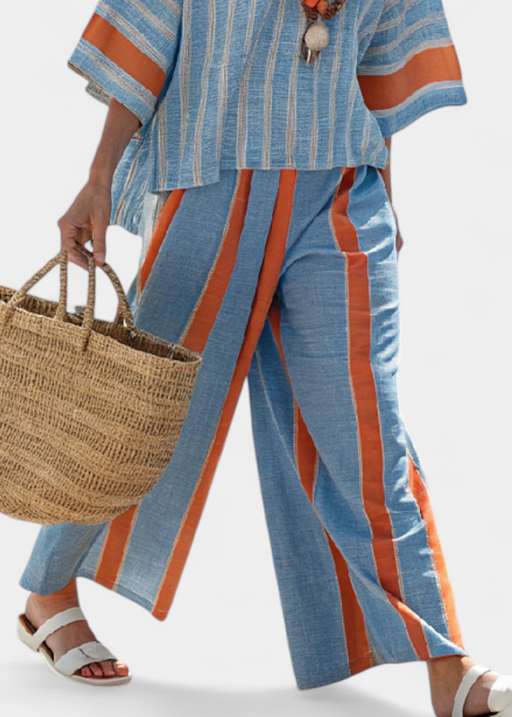 Women's 2-Piece Linen Set with Striped Oversized Tunic and Wide Leg Pants - Seldom Seen Styles