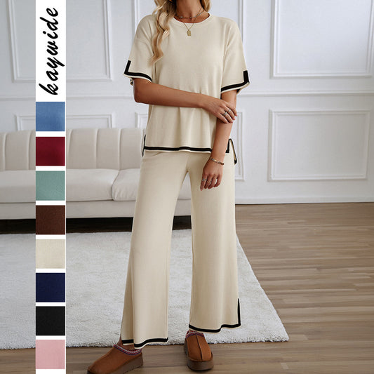 Women's 2-Piece Lounge Set - Black Knit Tracksuit with Short Sleeve Top & Wide Leg Pants - Soft Stretchy Homewear for Casual Wear - Seldom Seen Styles