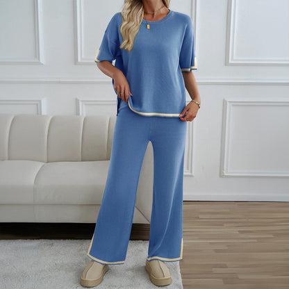 Women's 2-Piece Lounge Set - Black Knit Tracksuit with Short Sleeve Top & Wide Leg Pants - Soft Stretchy Homewear for Casual Wear