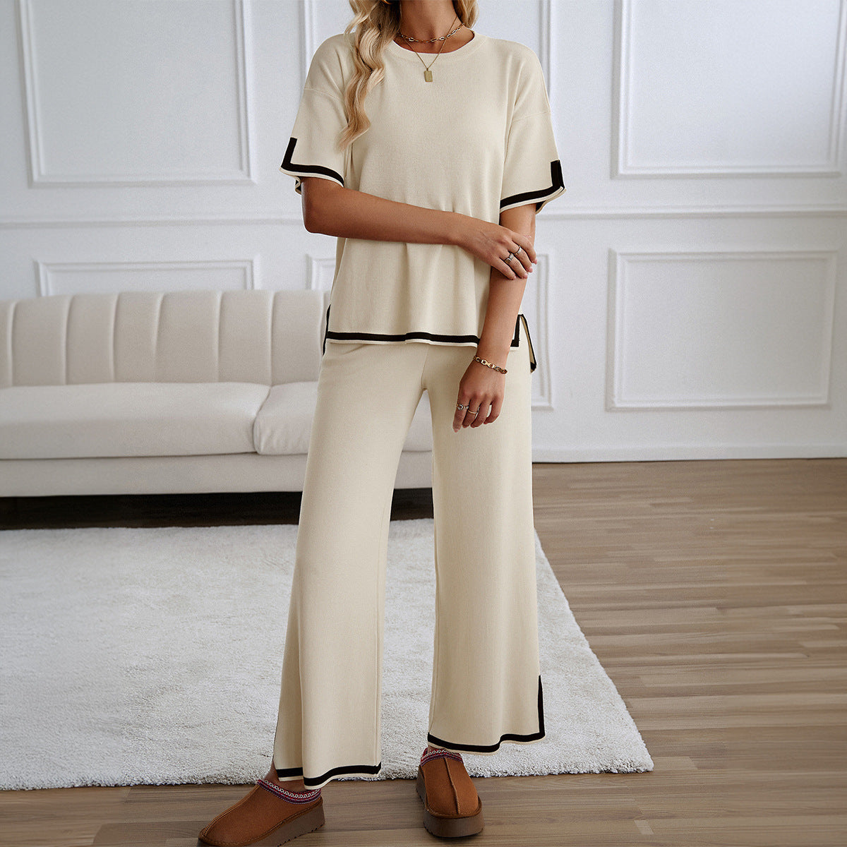 Women's 2-Piece Lounge Set - Black Knit Tracksuit with Short Sleeve Top & Wide Leg Pants - Soft Stretchy Homewear for Casual Wear - Seldom Seen Styles