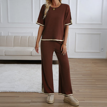 Women's 2-Piece Lounge Set - Black Knit Tracksuit with Short Sleeve Top & Wide Leg Pants - Soft Stretchy Homewear for Casual Wear