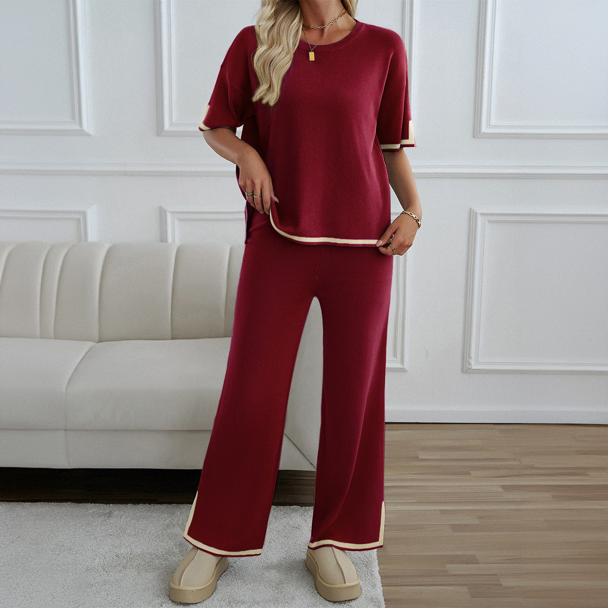 Women's 2-Piece Lounge Set - Black Knit Tracksuit with Short Sleeve Top & Wide Leg Pants - Soft Stretchy Homewear for Casual Wear - Seldom Seen Styles