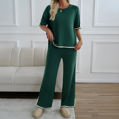 Women's 2-Piece Lounge Set - Black Knit Tracksuit with Short Sleeve Top & Wide Leg Pants - Soft Stretchy Homewear for Casual Wear