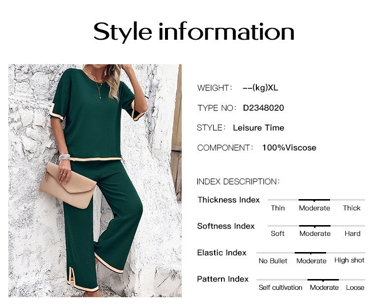 Women's 2-Piece Lounge Set - Black Knit Tracksuit with Short Sleeve Top & Wide Leg Pants - Soft Stretchy Homewear for Casual Wear - Seldom Seen Styles
