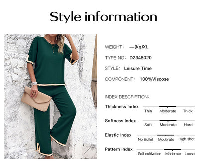 Women's 2-Piece Lounge Set - Black Knit Tracksuit with Short Sleeve Top & Wide Leg Pants - Soft Stretchy Homewear for Casual Wear