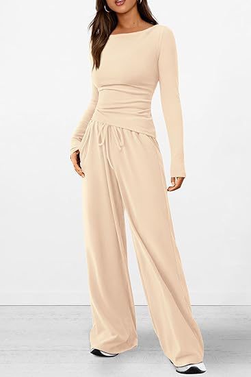 Women's 2-Piece Lounge Sets Asymmetrical Long Sleeve T Shirt Wide Leg Pants Casual Outfit Womenswear Tracksuit  Basic Minimalist Clothing - Seldom Seen Styles