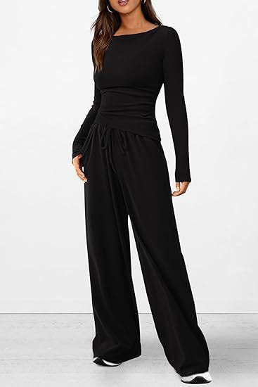 2-teiliges Lounge-Set für Damen, asymmetrisches Langarm-T-Shirt, weite Hose, lässiges Outfit, Damenbekleidung, Trainingsanzug, einfache minimalistische Kleidung 