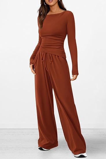 2-teiliges Lounge-Set für Damen, asymmetrisches Langarm-T-Shirt, weite Hose, lässiges Outfit, Damenbekleidung, Trainingsanzug, einfache minimalistische Kleidung 