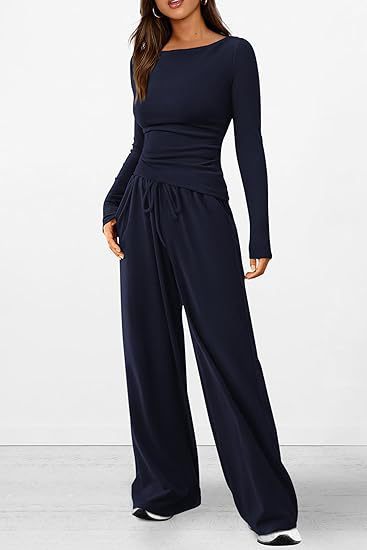 2-teiliges Lounge-Set für Damen, asymmetrisches Langarm-T-Shirt, weite Hose, lässiges Outfit, Damenbekleidung, Trainingsanzug, einfache minimalistische Kleidung 