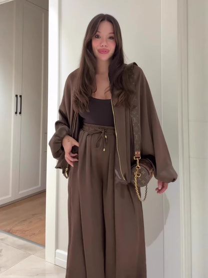 Women's 2 Piece Outfits Oversized Fleece Sweatsuit Zip Up Long Sleeve Sweatshirt with Wide Leg Sweatpants