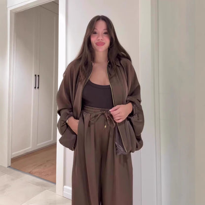 Women's 2 Piece Outfits Oversized Fleece Sweatsuit Zip Up Long Sleeve Sweatshirt with Wide Leg Sweatpants