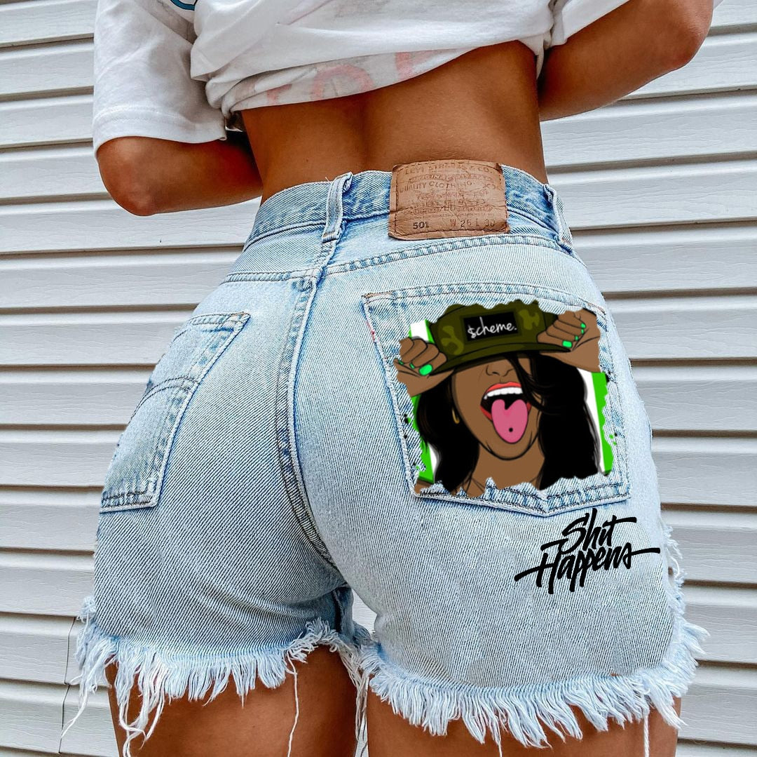 FashionSierra - Women's High Street INS Net Red Playful Girl Pattern Printed Denim Shorts - Seldom Seen Styles