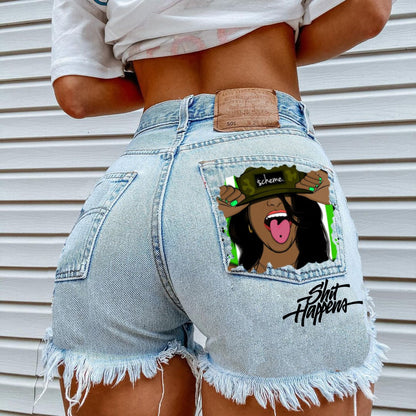 FashionSierra - Women's High Street INS Net Red Playful Girl Pattern Printed Denim Shorts