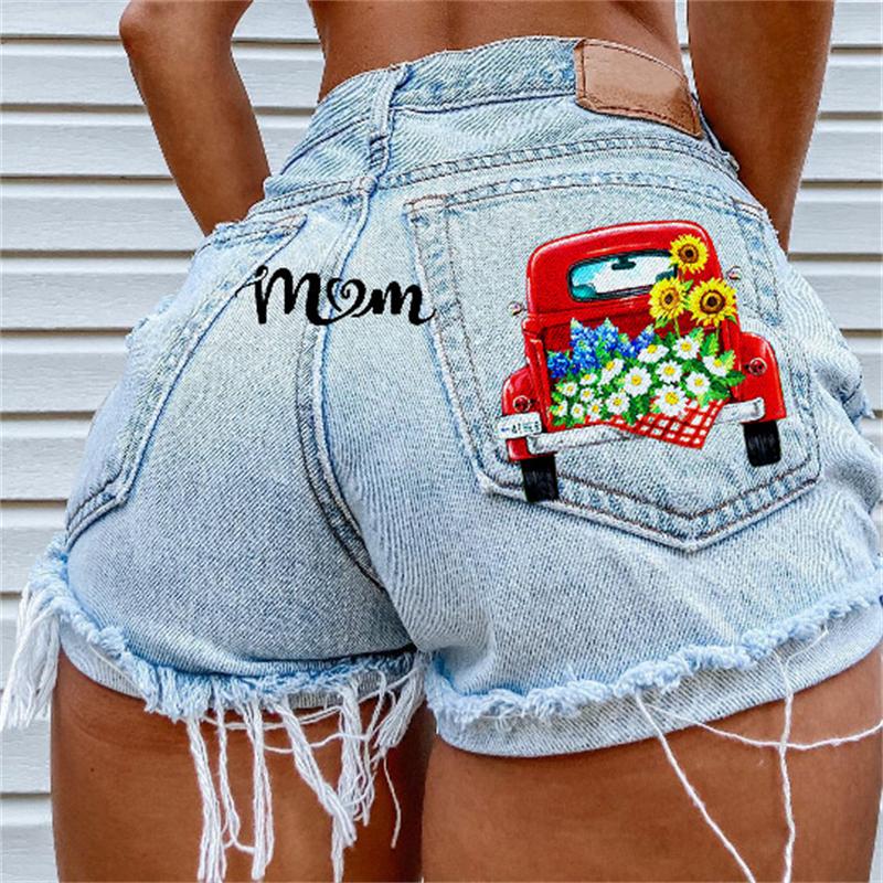 FashionSierra - Women's High Street INS Net Red Playful Girl Pattern Printed Denim Shorts - Seldom Seen Styles