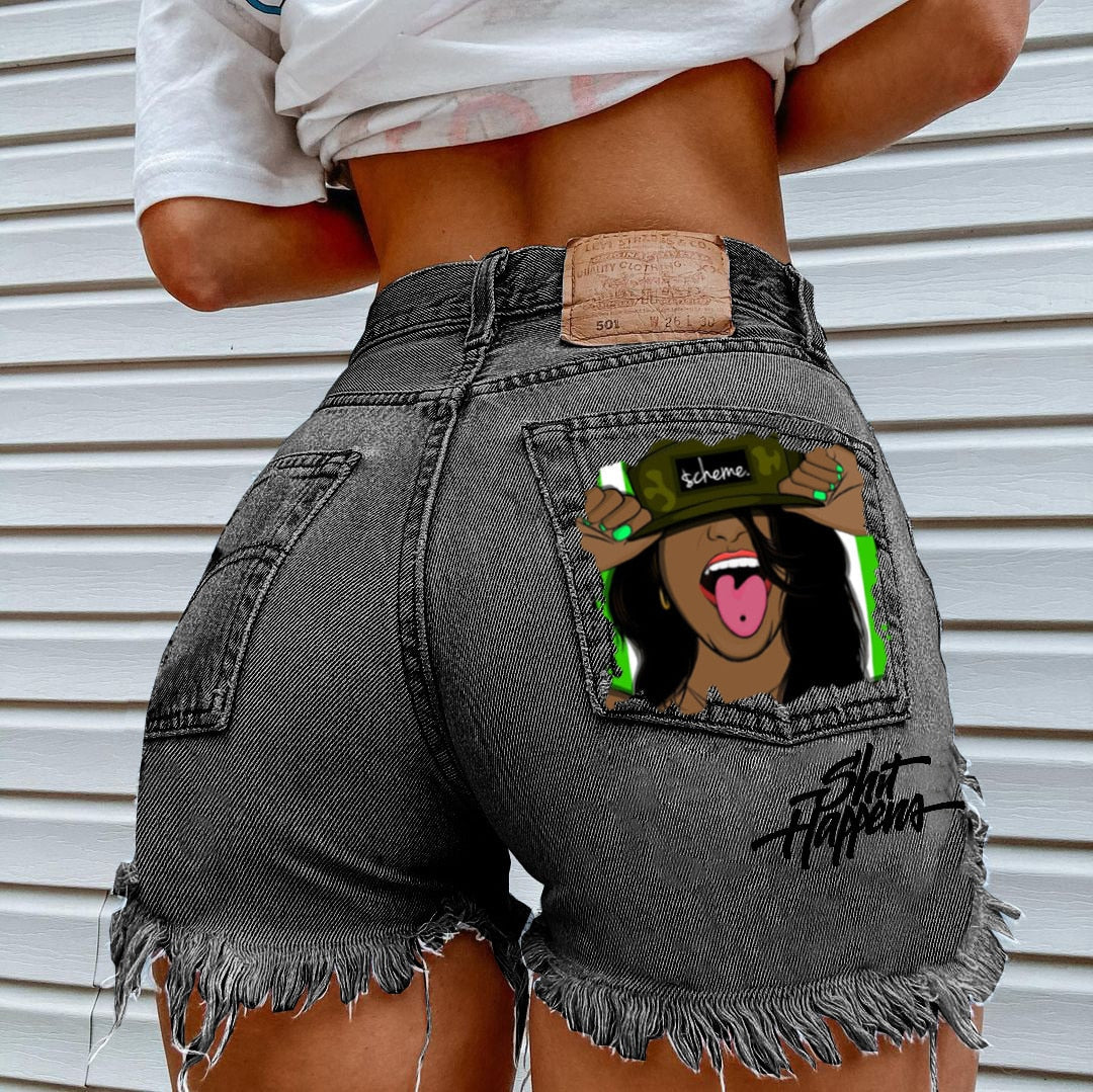 FashionSierra - Women's High Street INS Net Red Playful Girl Pattern Printed Denim Shorts - Seldom Seen Styles