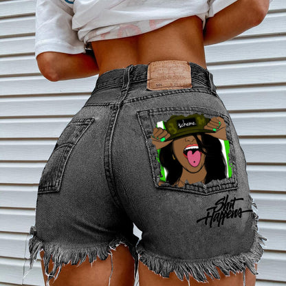 FashionSierra - Women's High Street INS Net Red Playful Girl Pattern Printed Denim Shorts