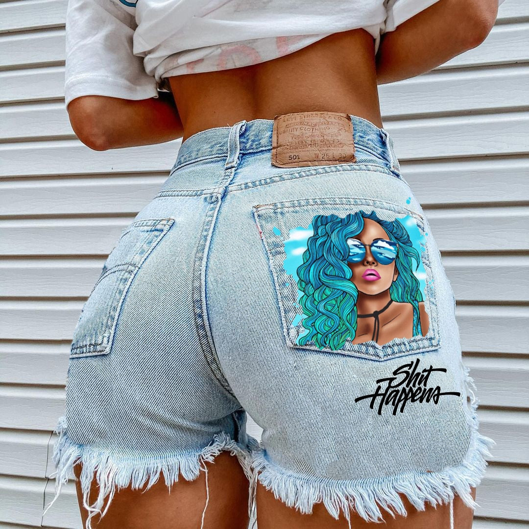 FashionSierra - Women's High Street INS Net Red Playful Girl Pattern Printed Denim Shorts - Seldom Seen Styles