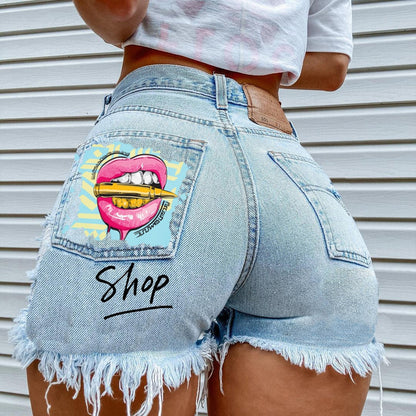 FashionSierra - Women's High Street INS Net Red Playful Girl Pattern Printed Denim Shorts