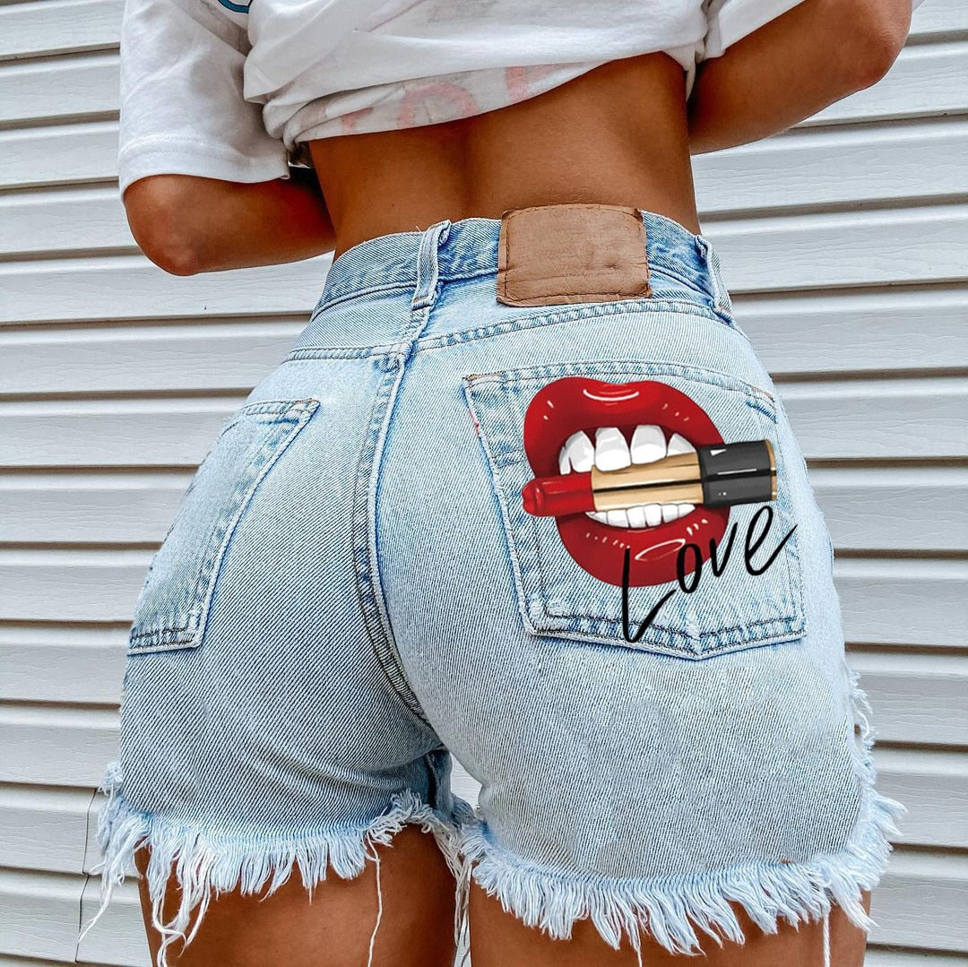 FashionSierra - Women's High Street INS Net Red Playful Girl Pattern Printed Denim Shorts - Seldom Seen Styles