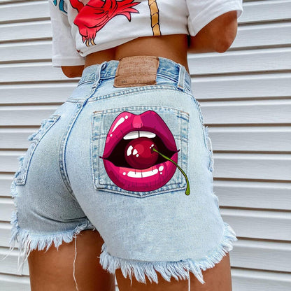 FashionSierra - Women's High Street INS Net Red Playful Girl Pattern Printed Denim Shorts