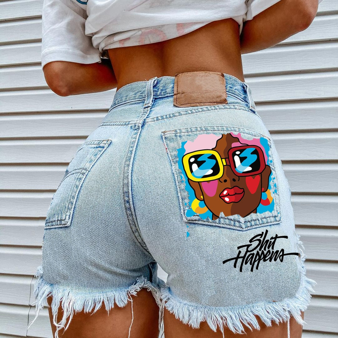 FashionSierra - Women's High Street INS Net Red Playful Girl Pattern Printed Denim Shorts - Seldom Seen Styles