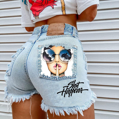 FashionSierra - Women's High Street INS Net Red Playful Girl Pattern Printed Denim Shorts