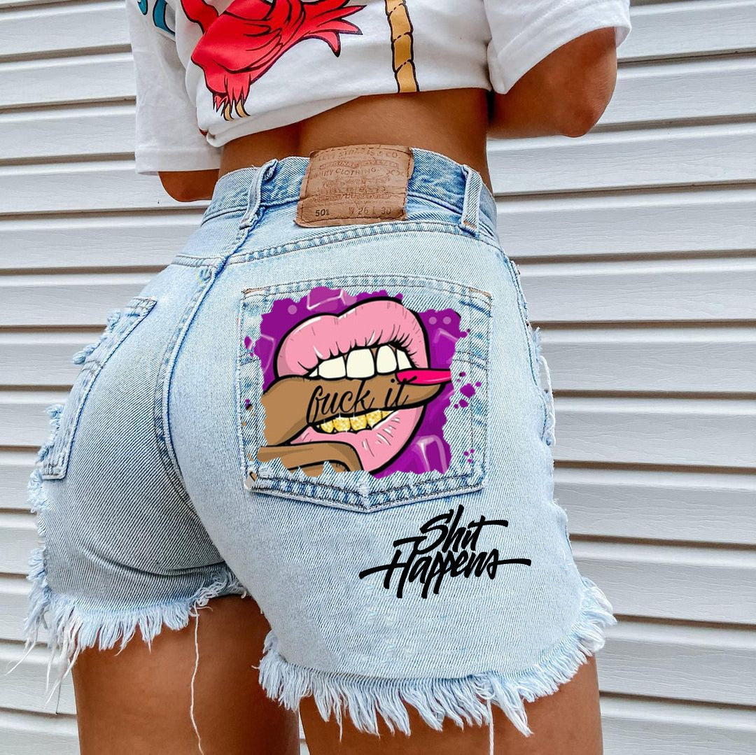 FashionSierra - Women's High Street INS Net Red Playful Girl Pattern Printed Denim Shorts - Seldom Seen Styles